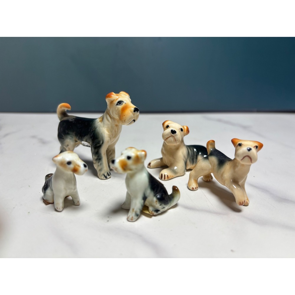 Vintage Bone China Miniature Airedale Fox Terrier Dog Figurines Set of 5 Taiwan